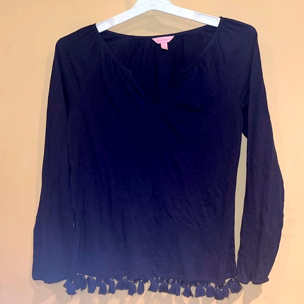 Lilly Pulitzer cotton fringed bottom gathered long sleeve shirt size Small